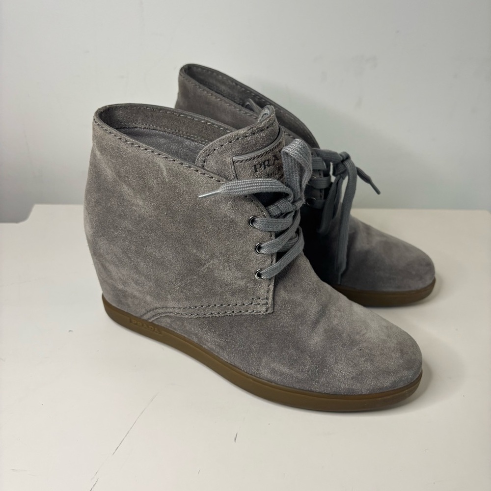 Prada Gray Suede Wedge Ankle Boots